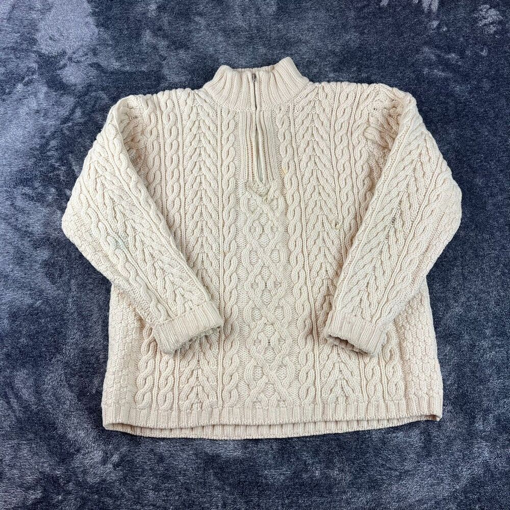 Aran Crafts 100% Wool Cable Chunky Knit 1/4 Zip Sweater Mock Neck Cream L *Read
